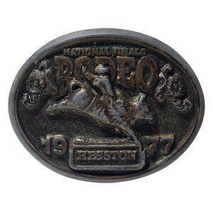 1977 National Finals Rodeo Belt Buckle Bull Riding NFR Hesston Distressed Vtg